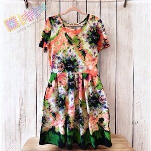 LuLaRoe Bright Tie Dye Watercolor Amelia Dress White Green Coral Black Neon XL 🦄